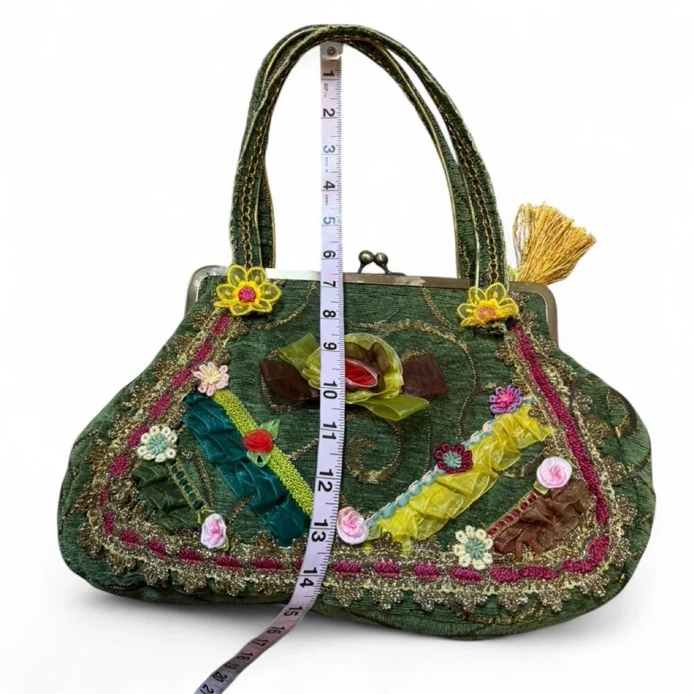 Vintage‎ Inspired Green Floral Tapestry Embellished Handbag
